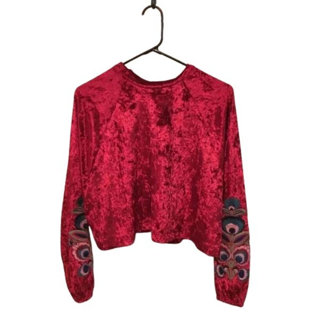 System Red Velvet Embroidered Sleeve Crop Blouse, Sz L